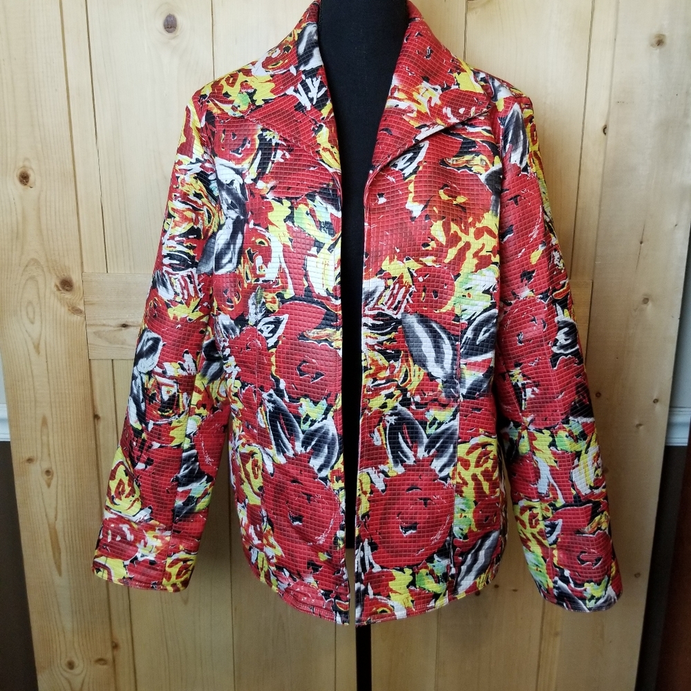 Sara Isabella Floral Coated Textured Lined Cuffed Sleeve Open Front Blazer